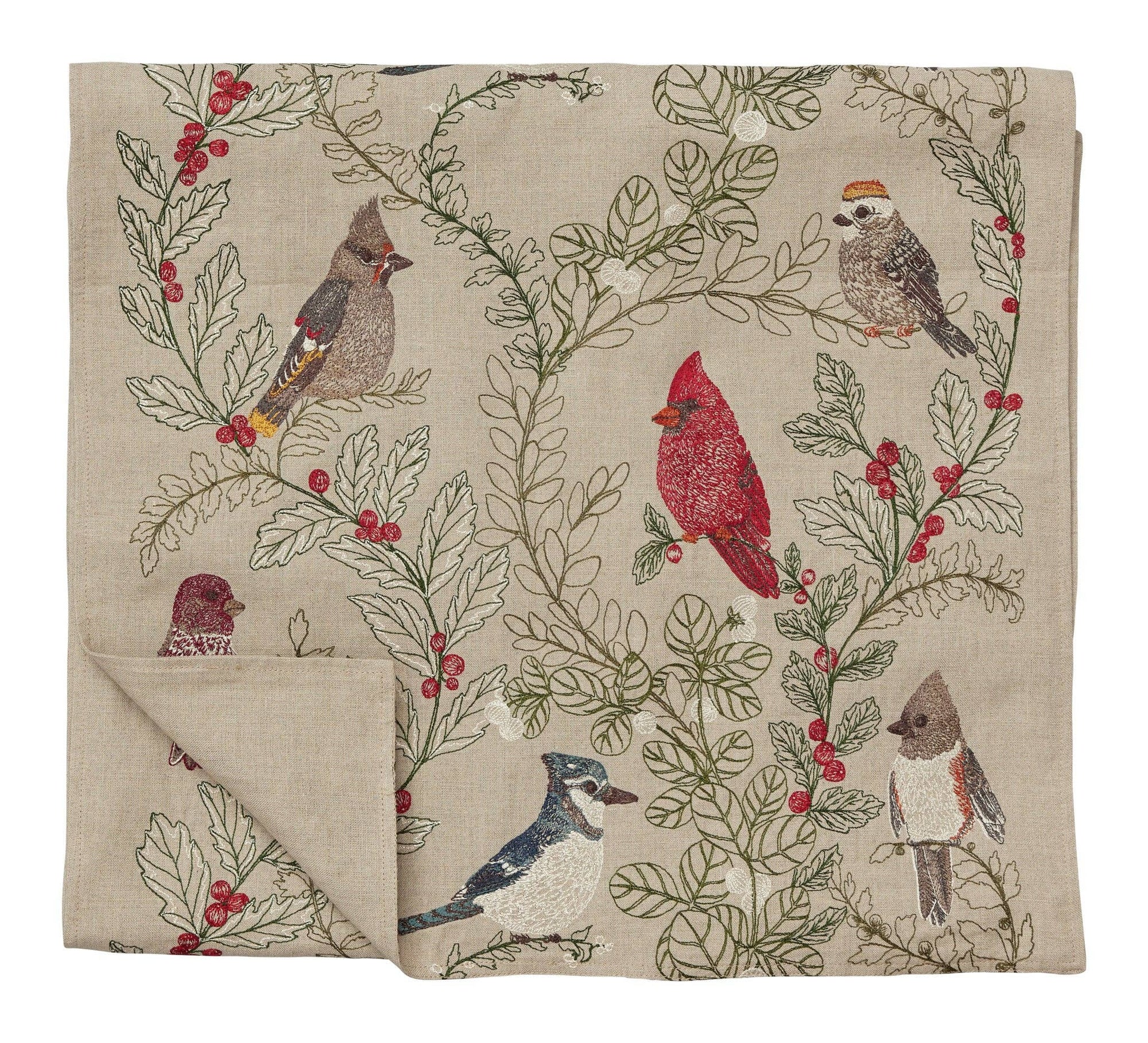 Winter Birds Embroidered Linen Table Runner