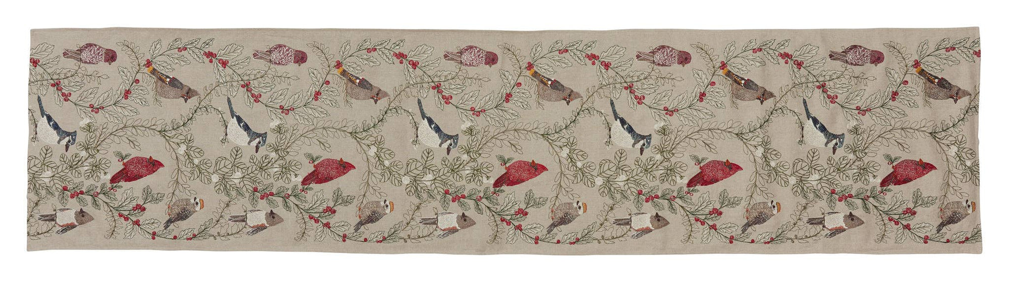 Winter Birds Embroidered Linen Table Runner